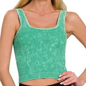 A181. Green Stone Washed Ribbed Seamless Tank Top With Bra Pads